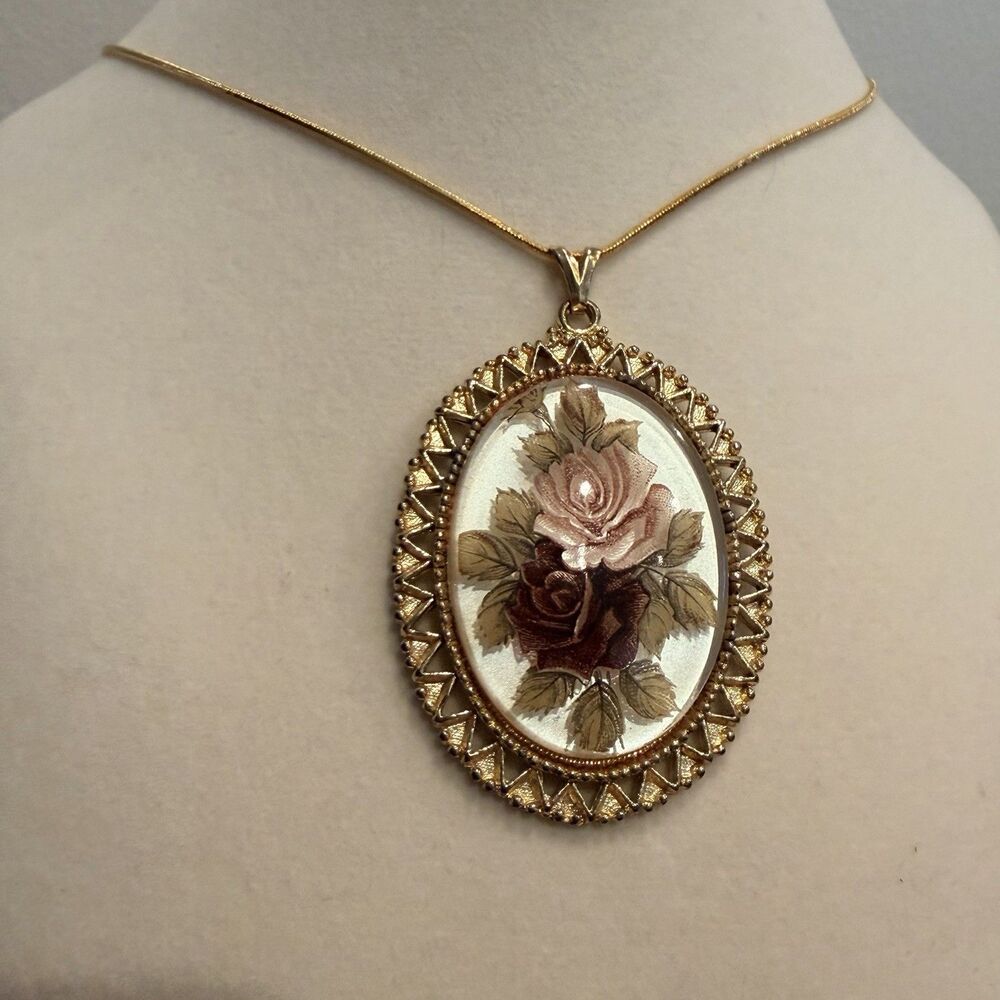 Vintage Victorian Style Gold Tone Rose Pendant Long L Intricate Gold Border 14”